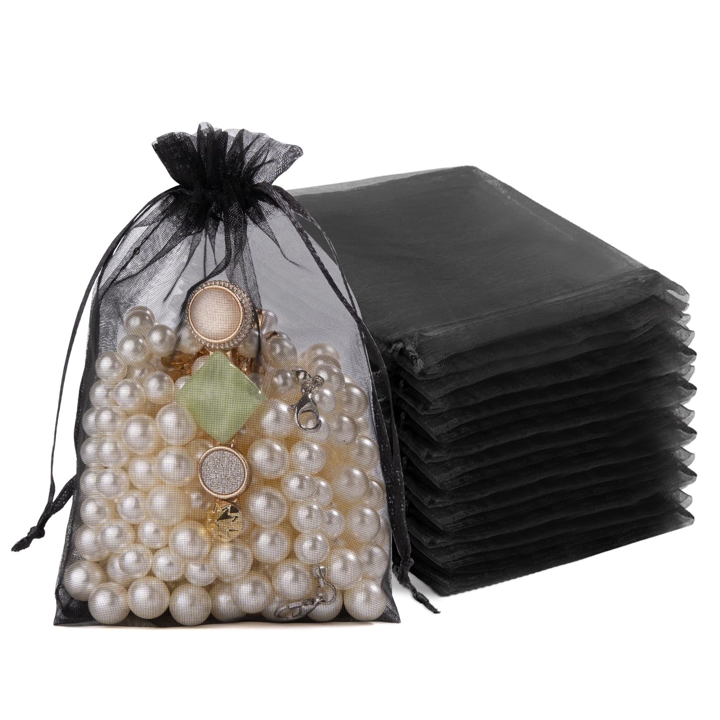 Crweety 50 Pcs Black Organza Bags 4x6 Inch, Small Mesh Gift Bags Drawstring for Jewelry Bracelet Packaging, Premium Sheer Gift Pouch for Wedding Party Favor, Candy Goodie Bag & Graduation Gifts