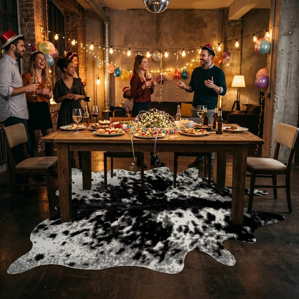 MustMat Faux Cowhide Print Rug, Modern Industrial Man Cave Decor 5'2"x6'7"