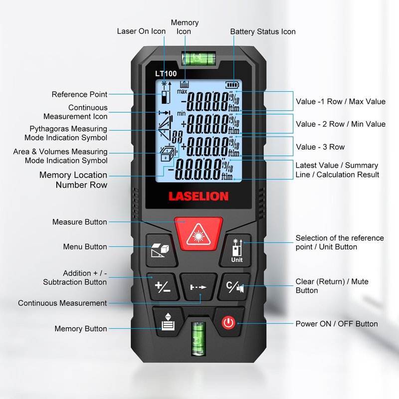 LT100 Laser Measure, 328ft/100m Laser Measurement Tool, with 2 Bubble Levels, Measuring Tool 4 Units Conversion、LCD Backlit Display, IP54 Waterproof, Pythagorean Mode for Distance, Area, Volume