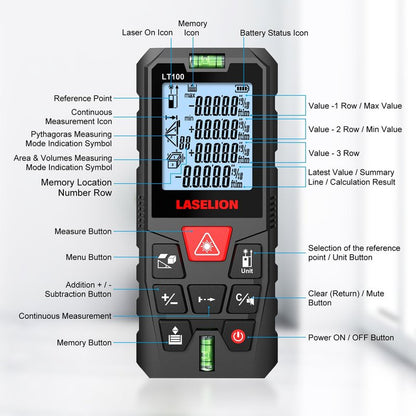 LT100 Laser Measure, 328ft/100m Laser Measurement Tool, with 2 Bubble Levels, Measuring Tool 4 Units Conversion、LCD Backlit Display, IP54 Waterproof, Pythagorean Mode for Distance, Area, Volume