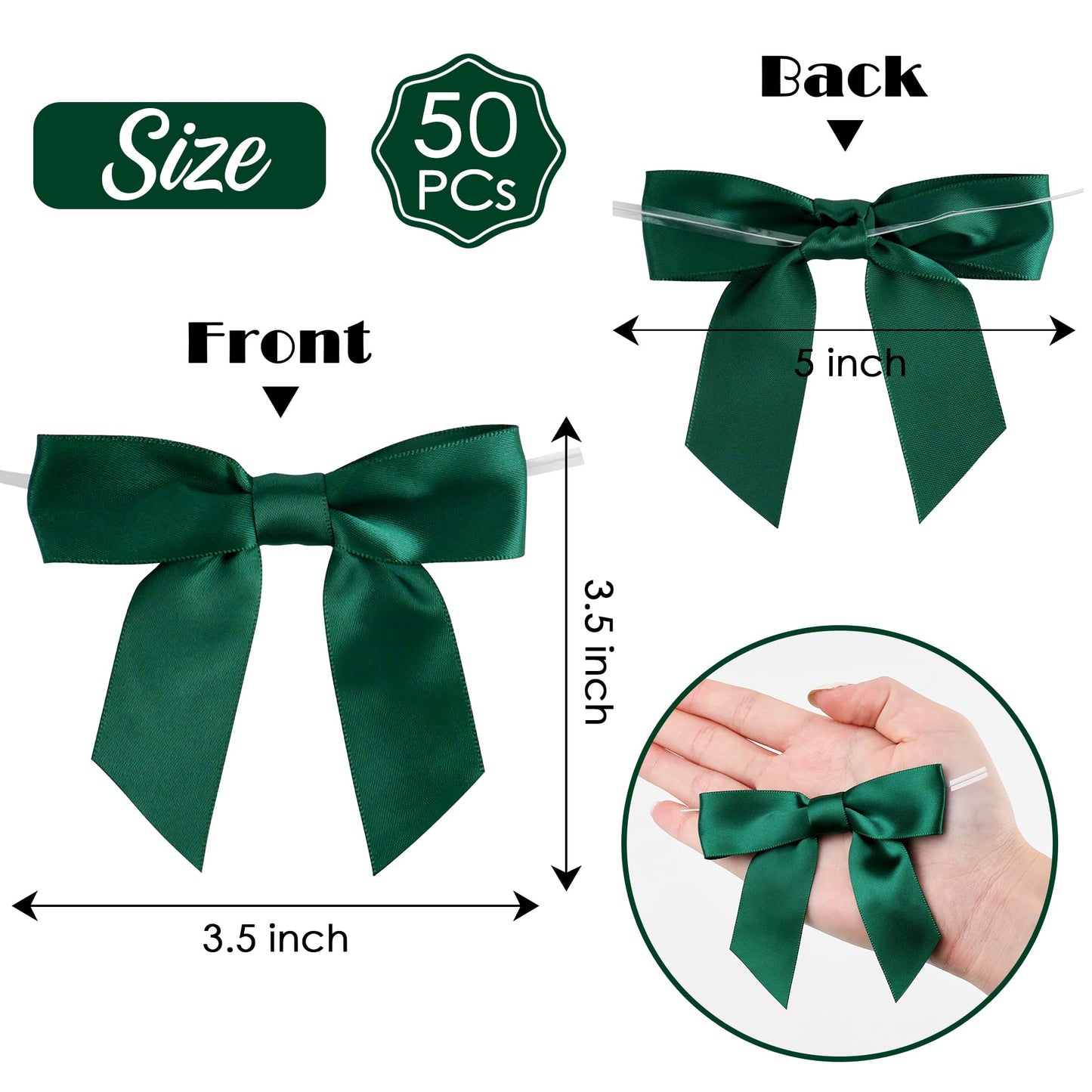 AIMUDI Twist Tie Bows for Treat Bags 3.5" Hunter Green Satin Ribbon Bows for Crafts Premade Bows with Twist Ties for Christmas Cake Pop Candy Apple Small Bows for Gift Wrapping Wedding Decor, 50 PCs