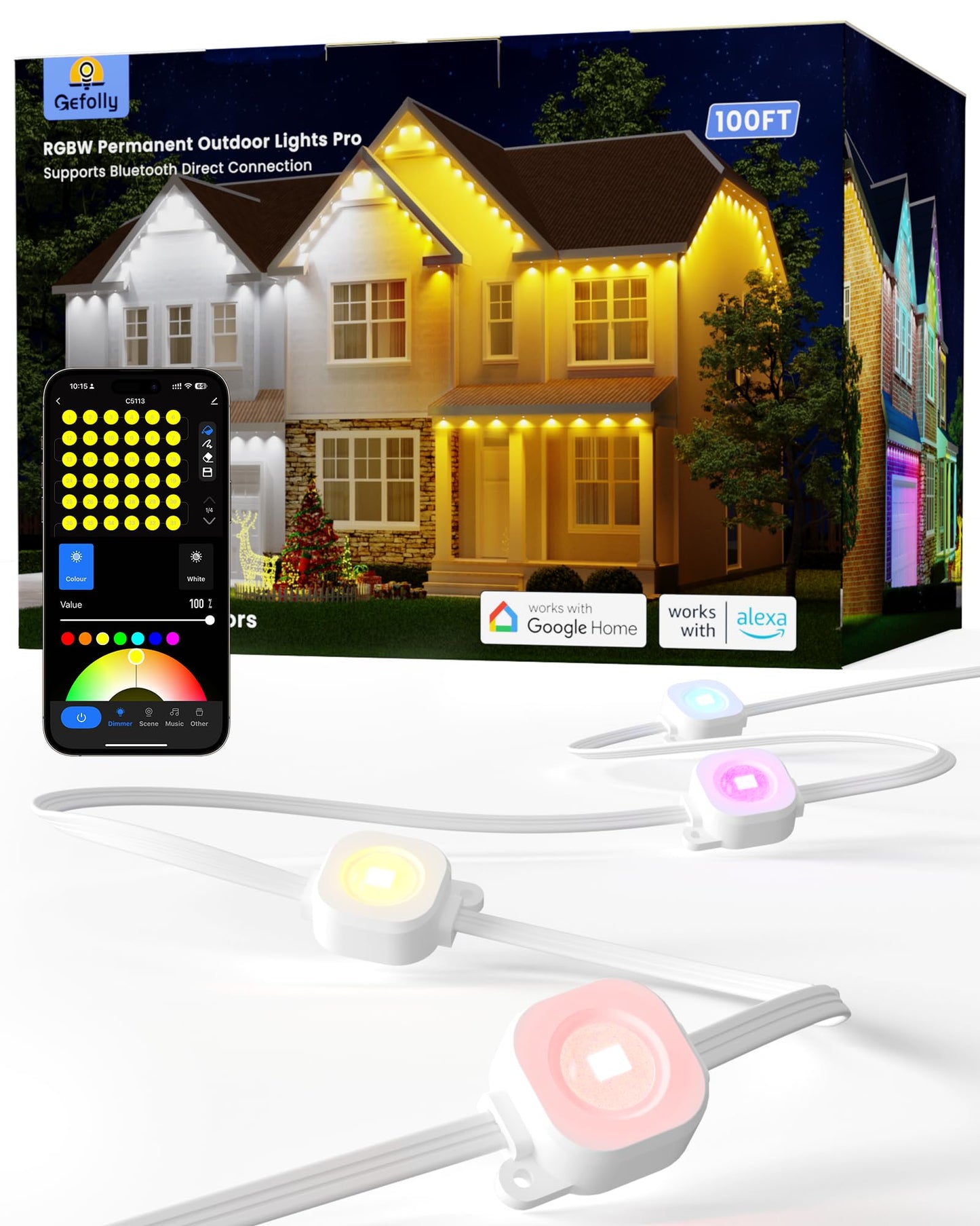 Gefolly Permanent Outdoor Lights Pro, 100ft with 60 RGBW Double-LED Lights 111 Scene Modes for Daily, Halloween, Christmas, IP67 Waterproof for Outdoor Decor, Works with Alexa, Google Assistant, White