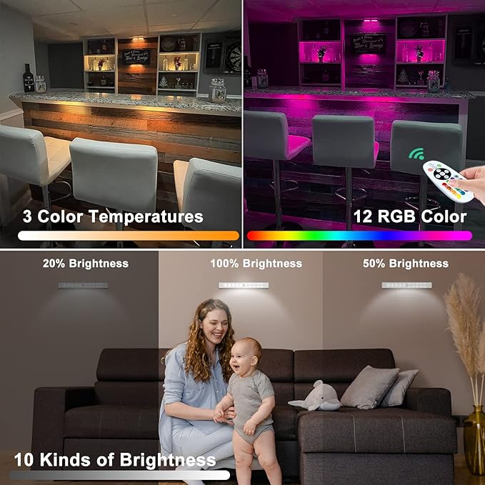 LED Under Cabinet Lighting Wireless, Dimmable LED Closet Light Rechargeable, Remote Control Kitchen Counter Lighting 15 Color Changing RGB Bar Perfect for Bedroom Indoor Pantry Shelf, 6 Pack