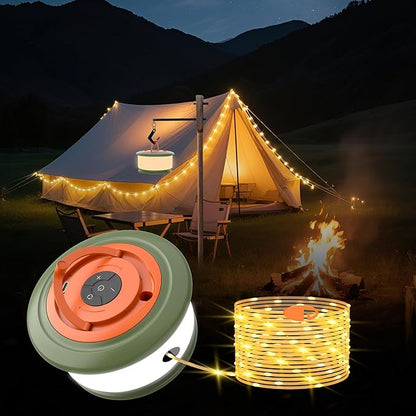 Camping String Lights, 3 in 1 Outdoor Camping Light with 6 Lighting Modes, Quick Storage 32.8FT Rechargeable Tent Lantern, Portable LED Hanging Light for Outdoor Patio Awning Garden Party