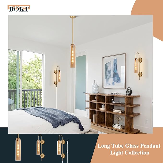 BOKT 1 Light Modern Amber Glass Wall Sconce 31" Mid Century Brushed Brass Tube Wall Sconces Lighting Gold Wall Mounted Light Fixture Indoor Bathroom Vanity Wall Lamp for Bedroom Living Room (Amber)
