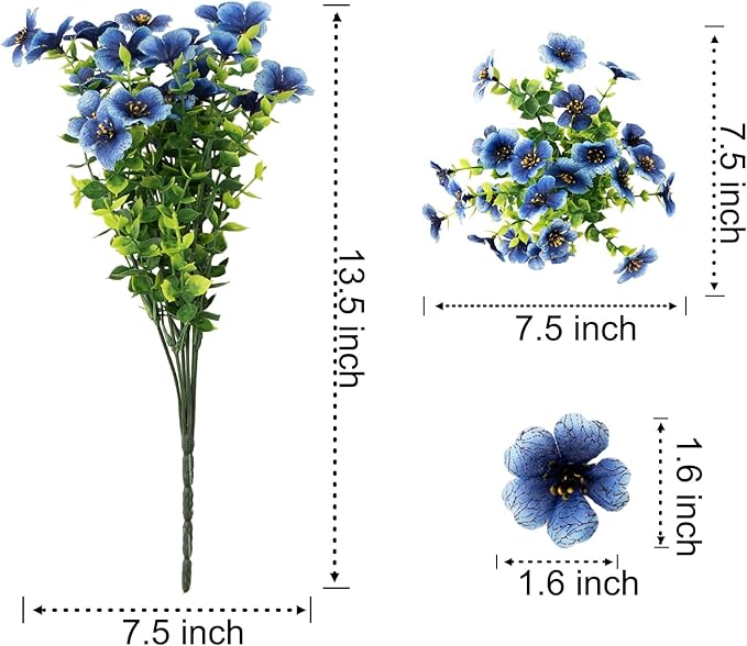 Outdoor Artificial Flowers, 8 Bundles Fake Flowers Autumn Decoration, No Fade Faux Plastic Shrubs for Garden Patio Porch Window Box Decor (Blue)