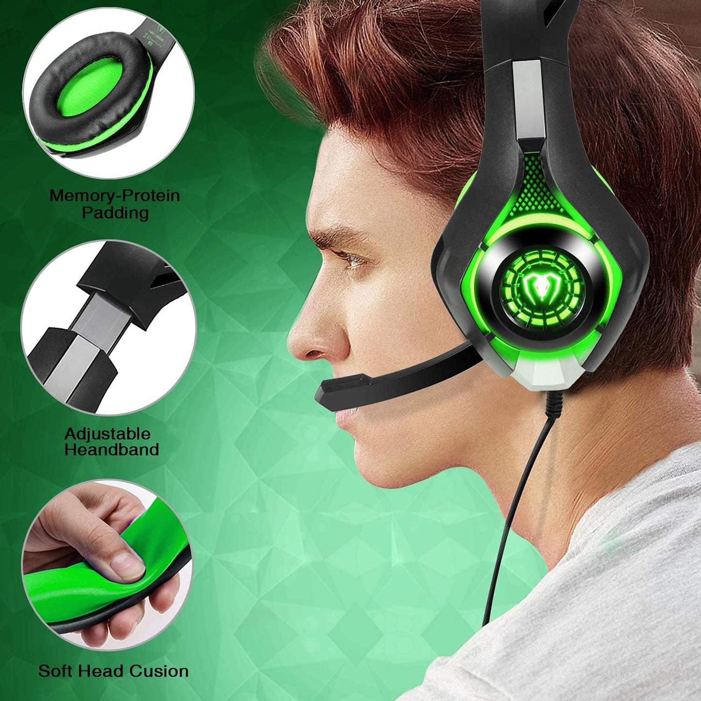 BlueFire Stereo Gaming Headset with Microphone for PS5 PS4 Xbox One Switch PC Mac – Wired Over-Ear Headphones with Surround Sound, Soft Memory Foam, Noise Canceling Mic, Light, 3.5mm Jack (Green)