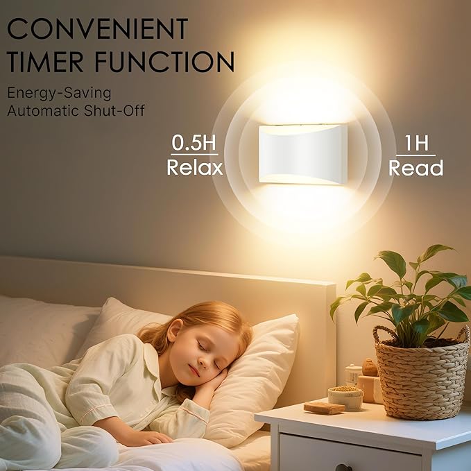FOLKSMATE Battery Operated Wall Sconces Set of 2, White Rechargeable Wireless Remote & Touch Control Wall Lamps, 3 Color Temperatures, Cordless Dimmable Lamp for Bedroom, Living Room, Hallway