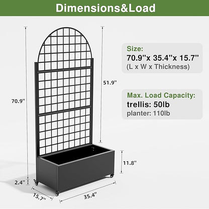 Casaphoria Metal Raised Garden Bed with Trellis and Wheels, 72"x35"x16" Arched Planter Box for Climbing Plants, Vegetables & Vines, Features Drainage Holes and Privacy Screen (Black-Grid)