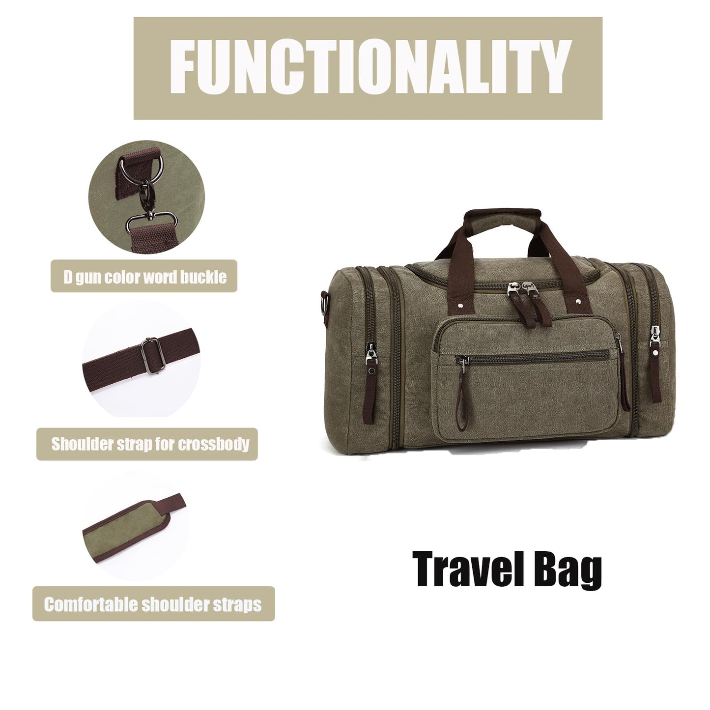 Travel bag large capacity men's luggage bag, expandable canvas leather 55 liters large capacity weekend hiking waterproof(green)