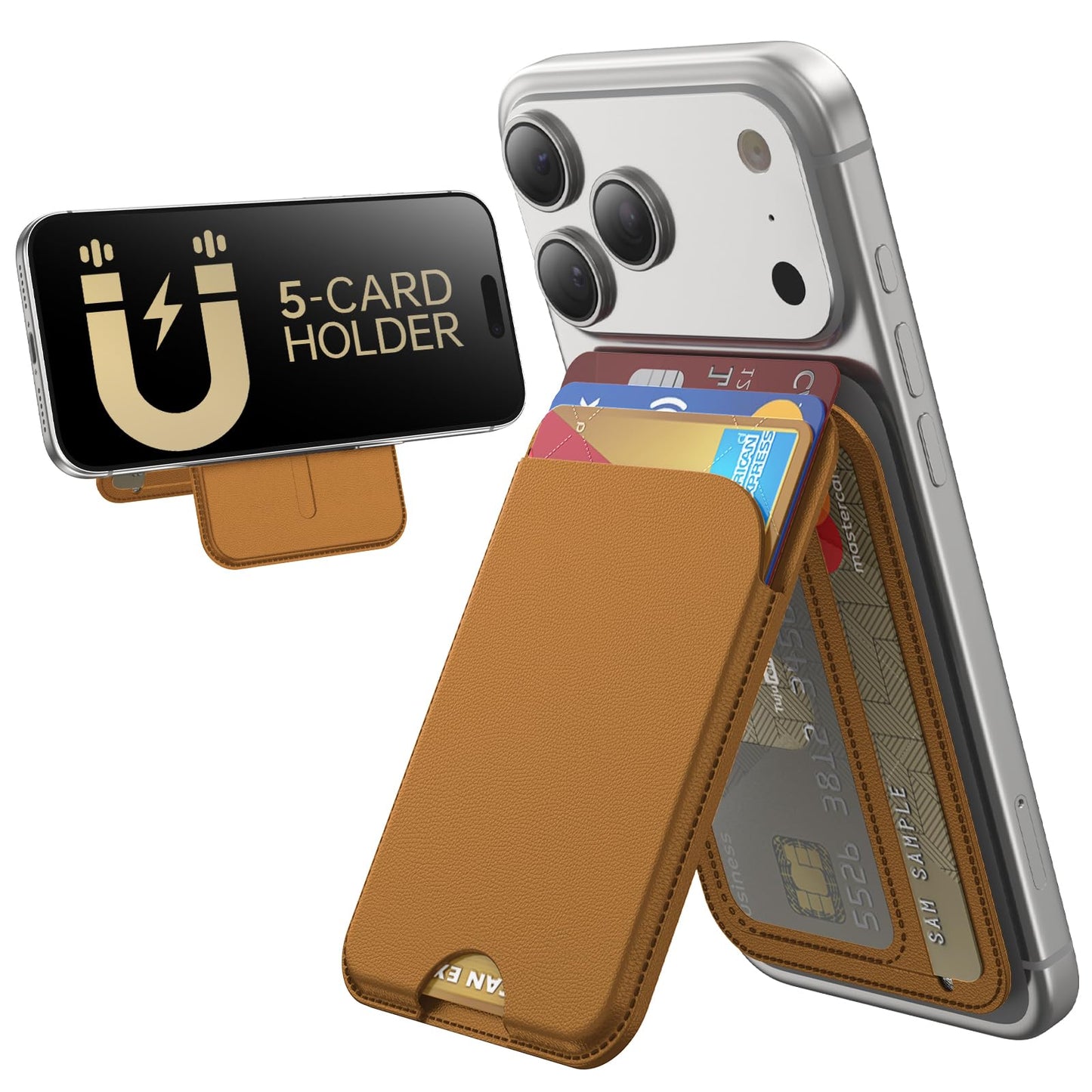 TWZKG for MagSafe Wallet, 5 Cards Holder with Stand, Magnetic Phone Wallet Stand for iPhone 17/16/15/14/13/12 Pro Max Air Plus Series, RFID Blocking Vegan Leather,Brown