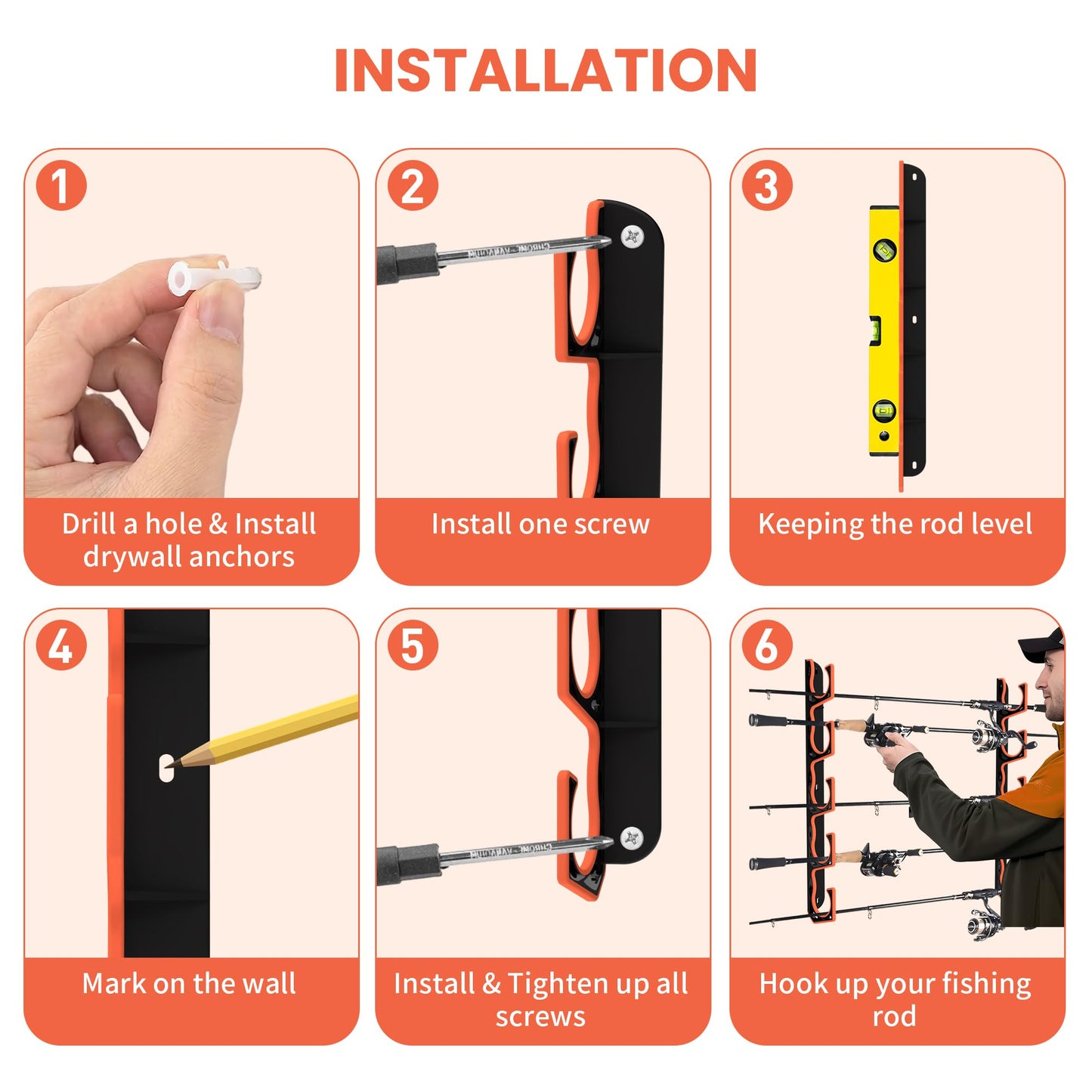 Gocozer Fishing Rod Holder for Garage, H5 Wall or Ceiling Mounted Fishing Pole Holders with Soft Protective Pad, Fishing Rod Storage Organizer, Horizontal Fishing Rod Wall Mount Nets Storage (8 PACK)