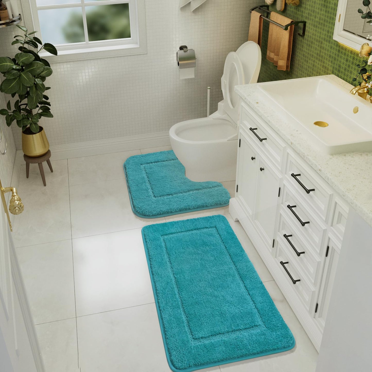 LOCHAS Bathroom Rug Set Teal Blue, Soft Bath Rug Set 2 Piece, Toilet Mat U-Shaped 20x20 and 34x20 Bath Rugs, Quickly Dry Mats for Bathroom, Tub, Washable, Super Absorbent Floor Mat