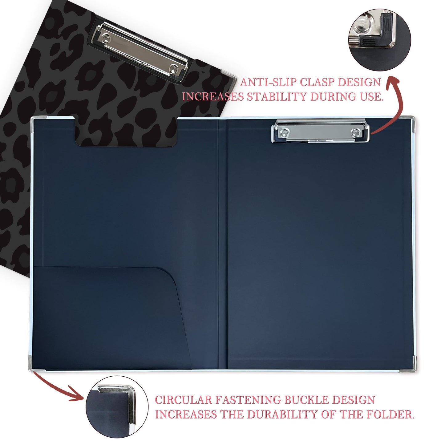 Poecinvi Trendy Black Leopard Print Clipboard Folio with Storage for Office Classroom, Preppy Dark Cheetah Print Padfolio with Metal Clip for Nurses Teachers Students Women Men, 12.4x9.25 in