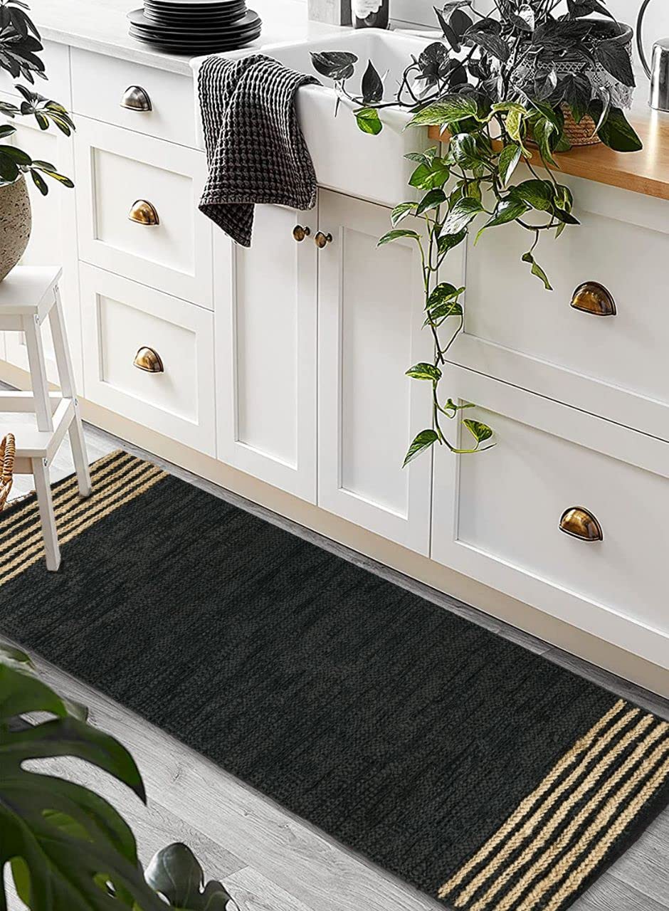 GRUHUM Jute Runner Rug 2'6"x 8' ft Natural Fiber Leather Black Jute Area Rug Handwoven Boho Farmhouse Braided Rustic Vintage Ecofriendly Indoor Rugs for Kitchen Living Room Bedroom Hallways Entryways