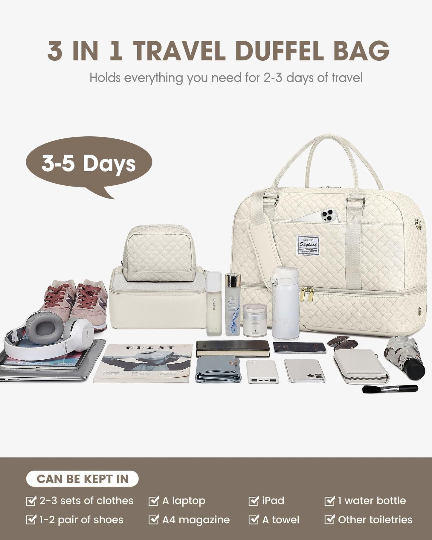 Travel Duffle Weekender Bags for Women: Overnight Bag with Shoe Compartment Carry On Bags with Toiletry & Wet Pocket Large Tote Hospital for Women Labor Delivery Beige