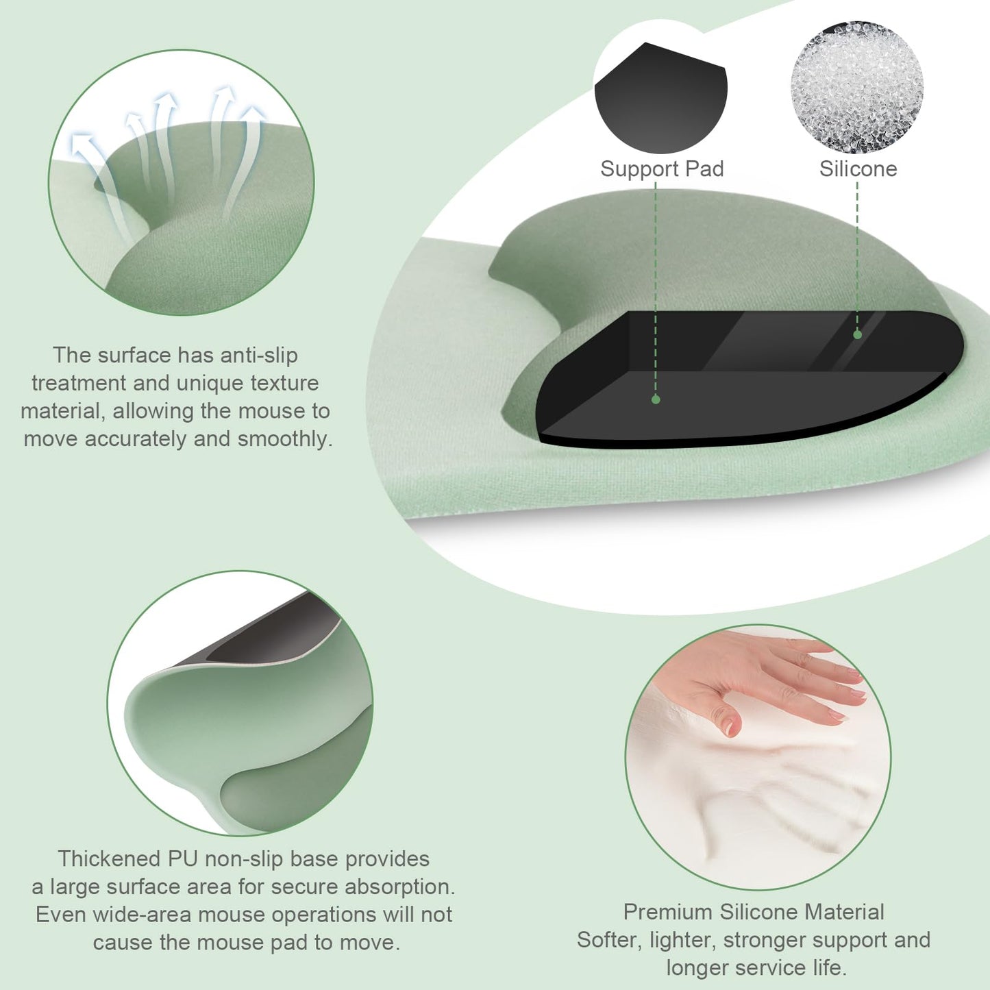 MOSISO Wrist Rest Support for Mouse Pad&Keyboard Set, Circle Curved Ergonomic Mousepad&Coaster Non-Slip Base Home/Office Pain Relief&Easy Typing Pad with Soft Cloth&Silicone Lining, Antique Green