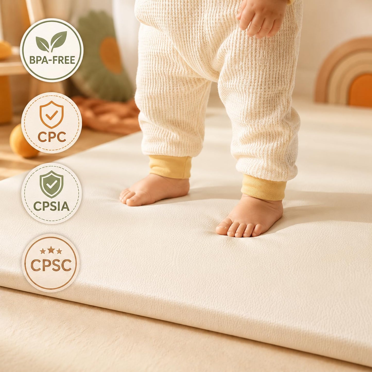 Funyoo Vegan Leather Baby Play Mat, 71x59 Thick Cushioned Waterproof Playpen Mat, Stylish Removable Cover Floor Mat for Babies & Toddlers, Soft Padded Play Mat for Safe Crawling, 1.2" Thick, Cream