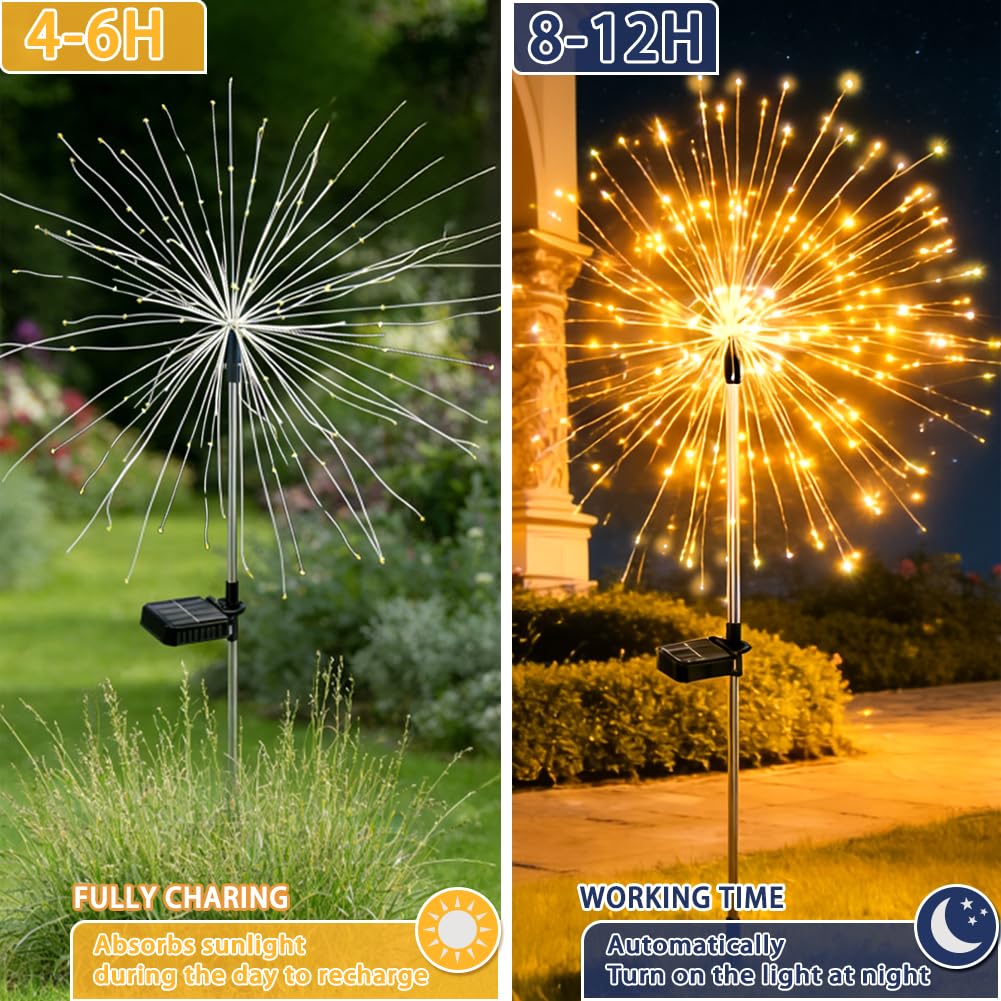 Boutispan 150 LED Solar Fireworks Lights Outdoor Waterproof, 4 Pack 8 Modes Twinkling Fireworks Solar Fairy Lights for Garden Yard Patio Flowerbed Lawn Planter Walkway Decor (Warm White)