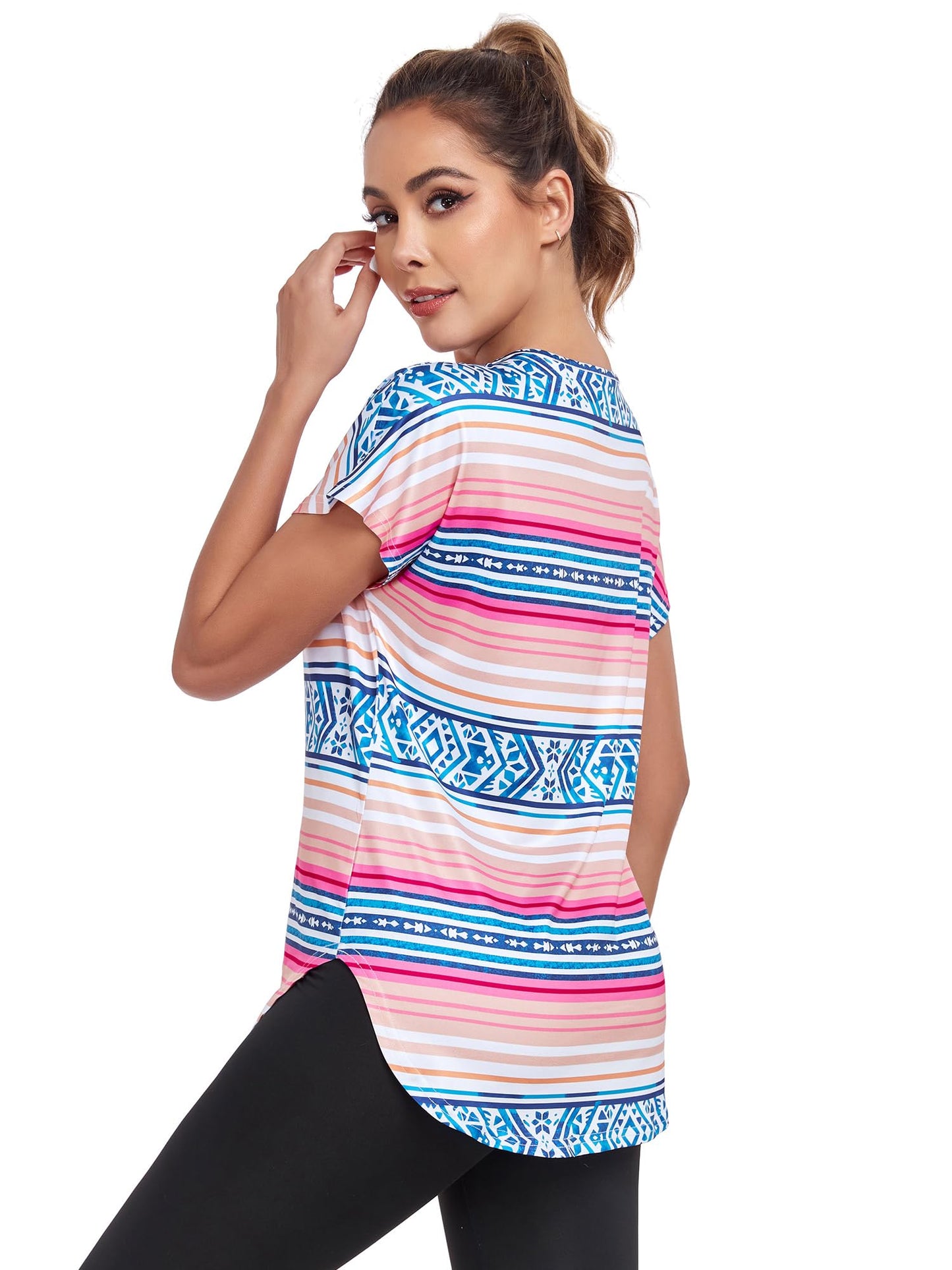 Abrooical Women's Running Tops Short Sleeve V Neck Exercise Yoga Shirts Quick Dry Side Slit Print 01 Large