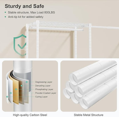 SEMHOR E01 Expandable Heavy Duty Clothes Rack, Free Standing Closet System Organizer, Adjustable Portable Carbon Steel Garment & Clothing Racks for Hanging Clothes (72.5-96"), 800LBS Max Load, White
