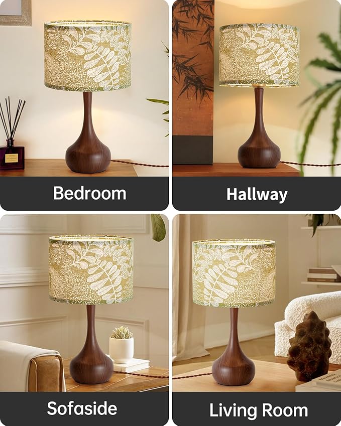 17" Modern Table Lamp Desk Lamp for Living Room Bedroom Home Office, Red Wood Pattern Farmhouse Nightstand Bedside Table Lamp with Green Fabric Shade