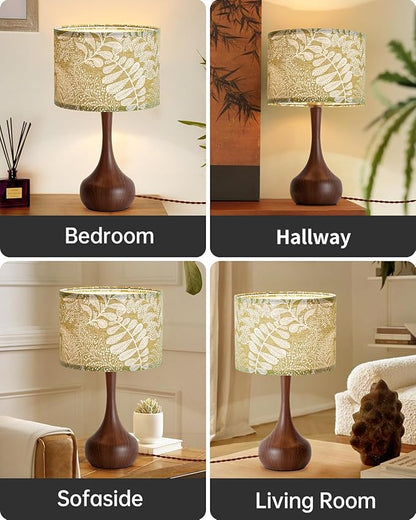 17" Modern Table Lamp Desk Lamp for Living Room Bedroom Home Office, Red Wood Pattern Farmhouse Nightstand Bedside Table Lamp with Green Fabric Shade