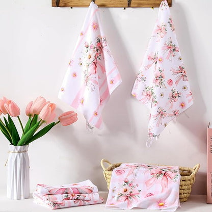Breling Set of 6 Pink Bow Kitchen Towels Coquette Floral Dish Towel Bathroom