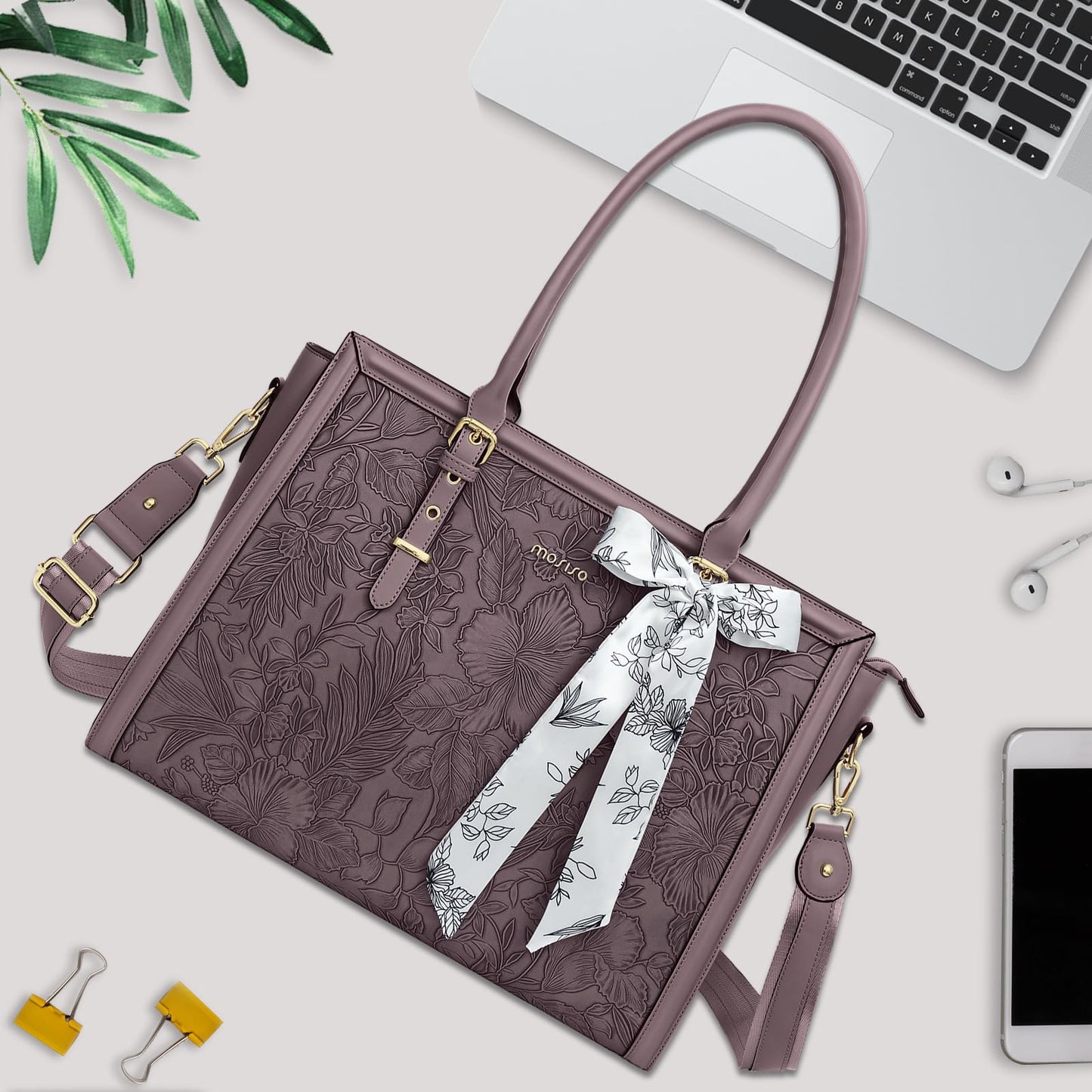 MOSISO Laptop Bag for Women, 17-17.3 inch PU Leather Tote Bag Compatible with MacBook, HP, Dell, Asus Notebook, Front Embossed Retro Hibiscus Computer Bags with Silk Scarf&Clutch Purse, Slate Purple