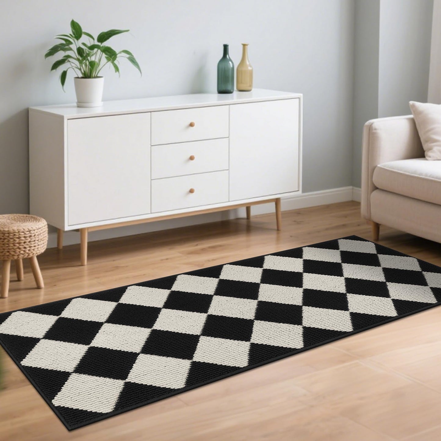 SHACOS 3Pcs Kitchen Rug, Checkered Kitchen Mat for Floor, Washable Non Slip Runner Rug for Hallway Entryway, Kitchen Runner Set for Kitchen, Front of Sink (17"x30"+17"x47"+17"x59", Black/White)