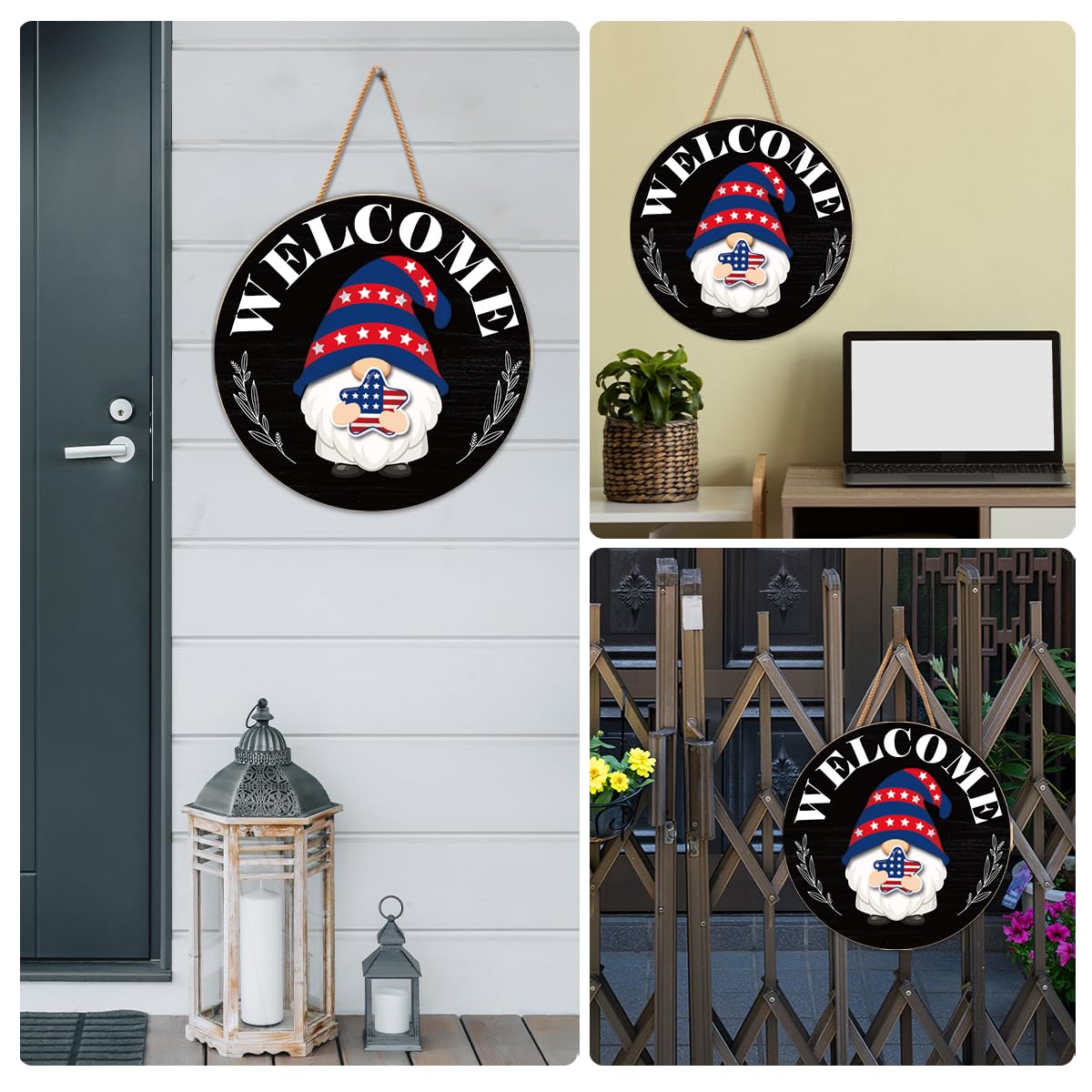 Interchangeable Gnome Welcome Sign Summer Patriotic 4th of July Porch Decor, Changeable Wood Gnomes Front Door Decoration Wreath Hanger for Spring Fall Winter All Seasons Holiday, Black and White