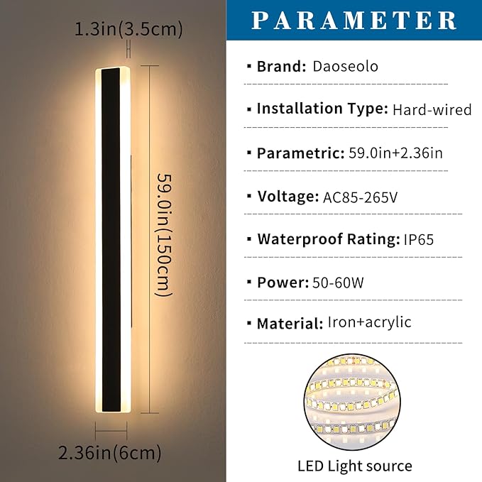 2 Pack Exterior Wall Light Fixture, 59inch Modern Outdoor Wall Sconce, IP65 Waterproof, 3000K Warm White, 55W Black Minimalist Outside LED Strip Lights for Garage, Patio, Balcony, Fence