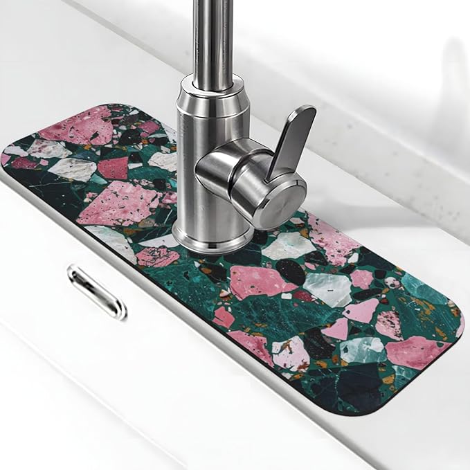 Faucet Draining Mat For Kitchen Sink, Terrazzo Dark Green Diatom Mud Absorbent
