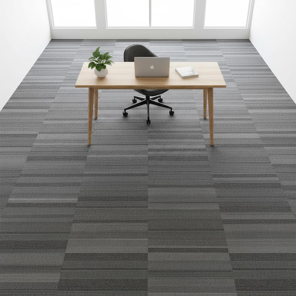 SUWUYUE Commercial Carpet Tiles 24"x 24" Reusable Squares, 18 Tiles 72 Sqft Non-Slip Gray Stripe Pattern Loop Pile Seamless DIY Flooring for Office Business Residential Spaces