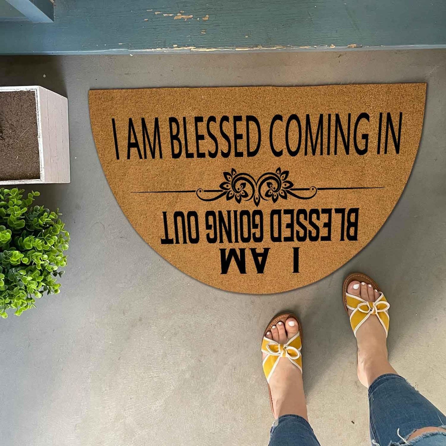 Christian Blessing Welcome Mat - Blessed Coming in & Going Out Half Round Doormat, 29.5" x 17" Faux Coir Entryway Rug, 0.4" Thick Non-Slip Rubber Backing, Durable Religious Floor Decor