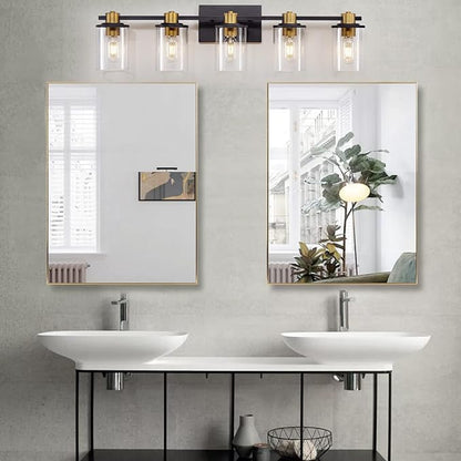 5 Light Bathroom Vanity Light, Black and Gold Bathroom Light Fixtures, Sconces Wall Lighting with Clear Glass Shade, Modern Brushed Gold Vanity Lighting fixtures for Bathroom, Bedroom, Hallway