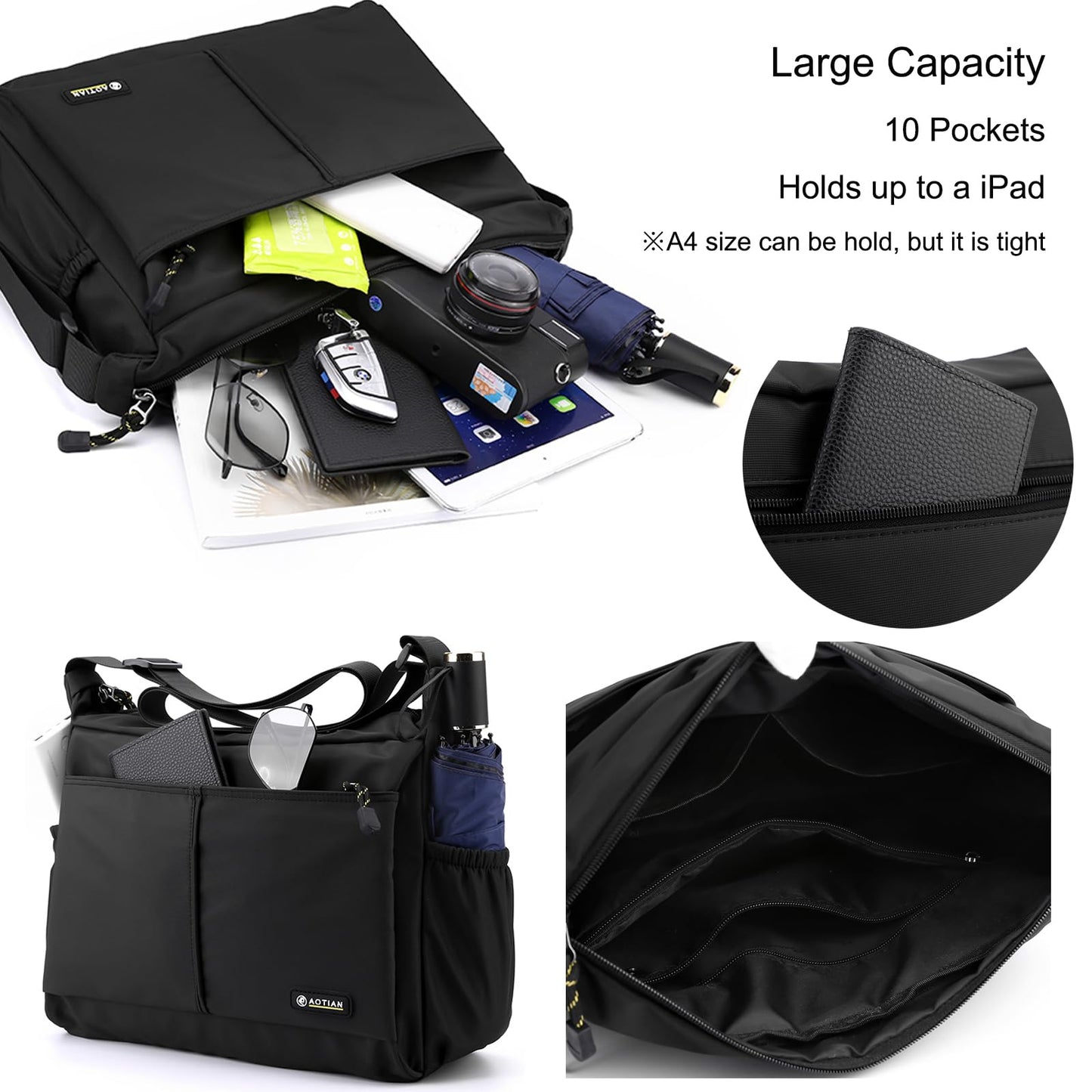 natyrlpog Men's Shoulder Bag Messenger Bag Nylon Waterproof Lightweight Casual Black Crossbody Bag for Work Travel Outdoor