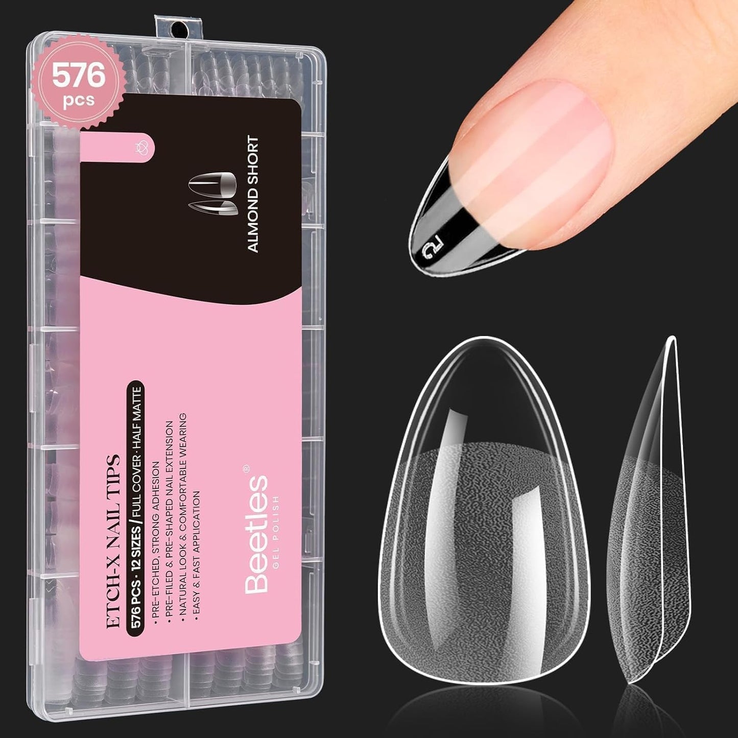 Beetles Gel Nail Kit Short Almond with Nail Dehydrator and Primer, 576Pcs Half Matte Etch-X Gel Nail Tips Solid Nail Glue Mini Nail Lamp Acrylic Nail Tips Easy DIY Nail Extension Set Gift for Women