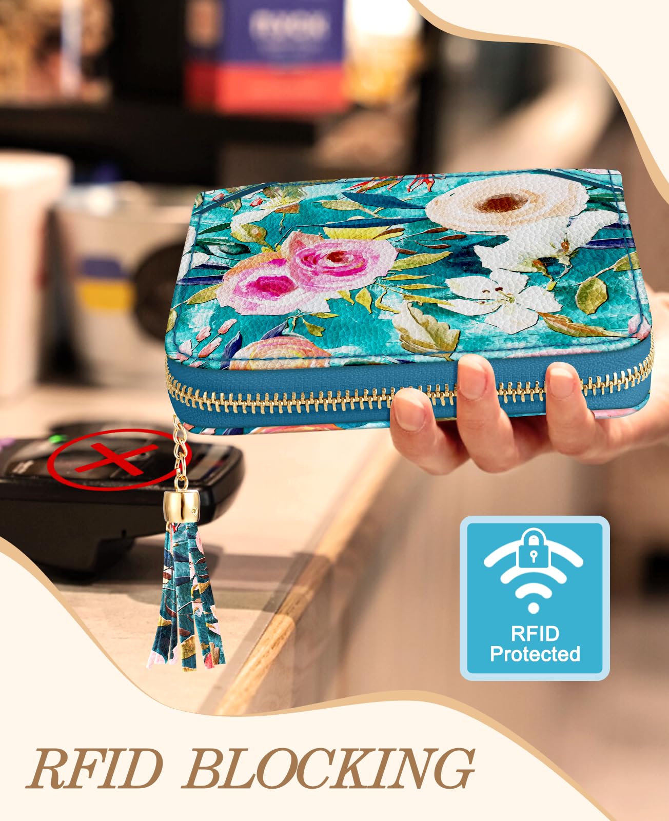 Bistup 【40 Slots Credit Card Holder for Women Girls Cute RFID Blocking Card Organizer Leather Cardholder Protector for Lady Female Large Capacity Size Big Zipper Wallet Flower Luxury Aesthetic Unique