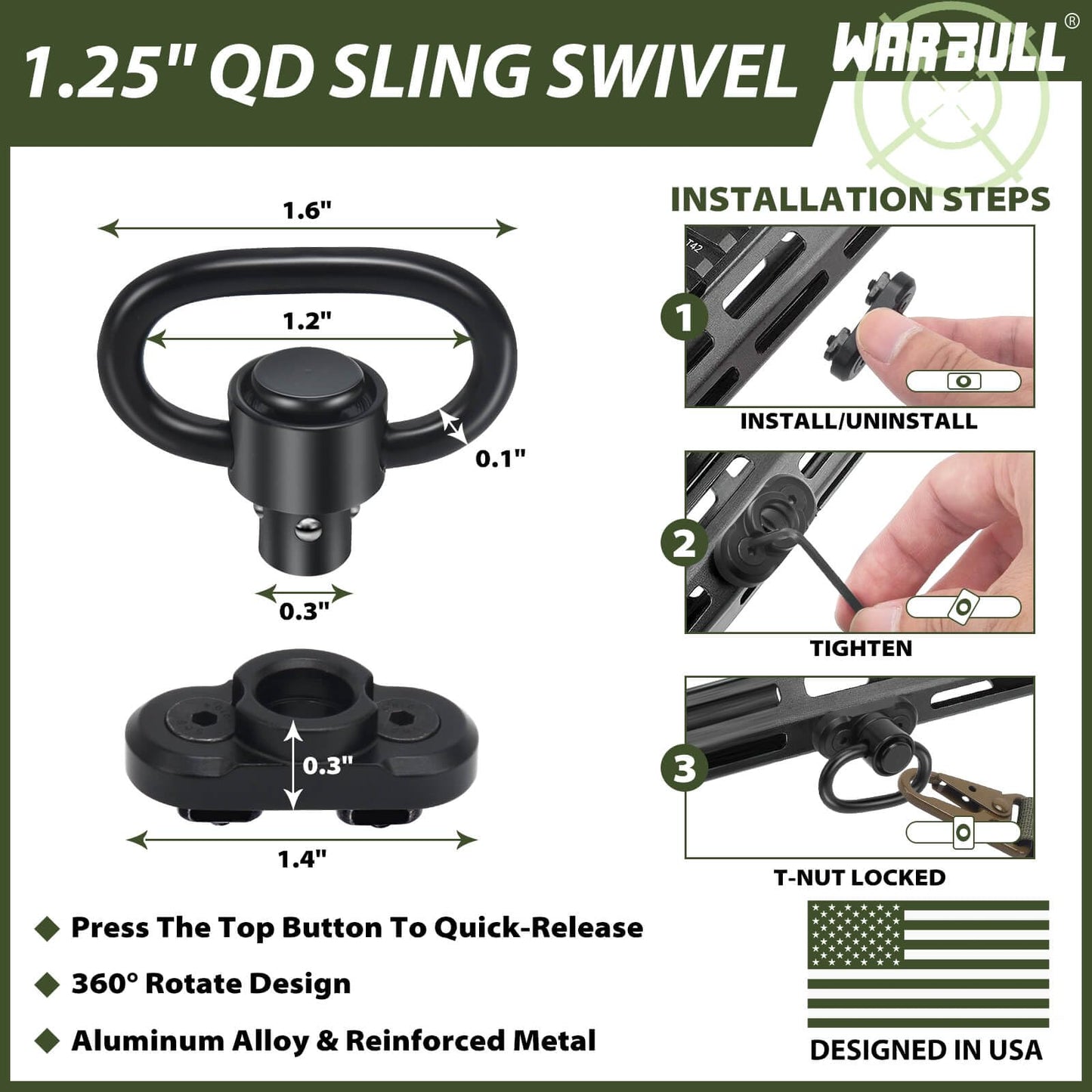 WarBull Quick Adjust Rifle Sling, QD Swivel 2 Point Sling with HK Hook, Soft Shoulder Pad Tactical Gun Sling for Rifle, Shotgun, and Crossbow, for Hunting, Camping, and Outdoor Sports (OD Green)