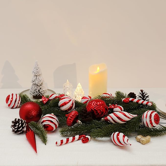 Christmas Ball Ornaments Set Shatterproof Christmas Tree Ornaments 24 PCS Painted Shaped Styles Xmas Tree for Holiday Decor,Red