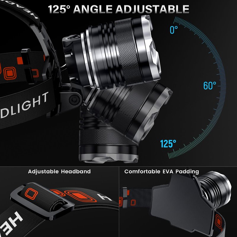 AKNEAR LED Rechargeable Headlamp 99000 High Lumens, 95 Hours Endurance Head Lamp with Zoomable & 12 Modes & IPX7 Waterproof & 125° Adjustable, Super Bright Head Light for Outdoor, Camping, Hard Hat