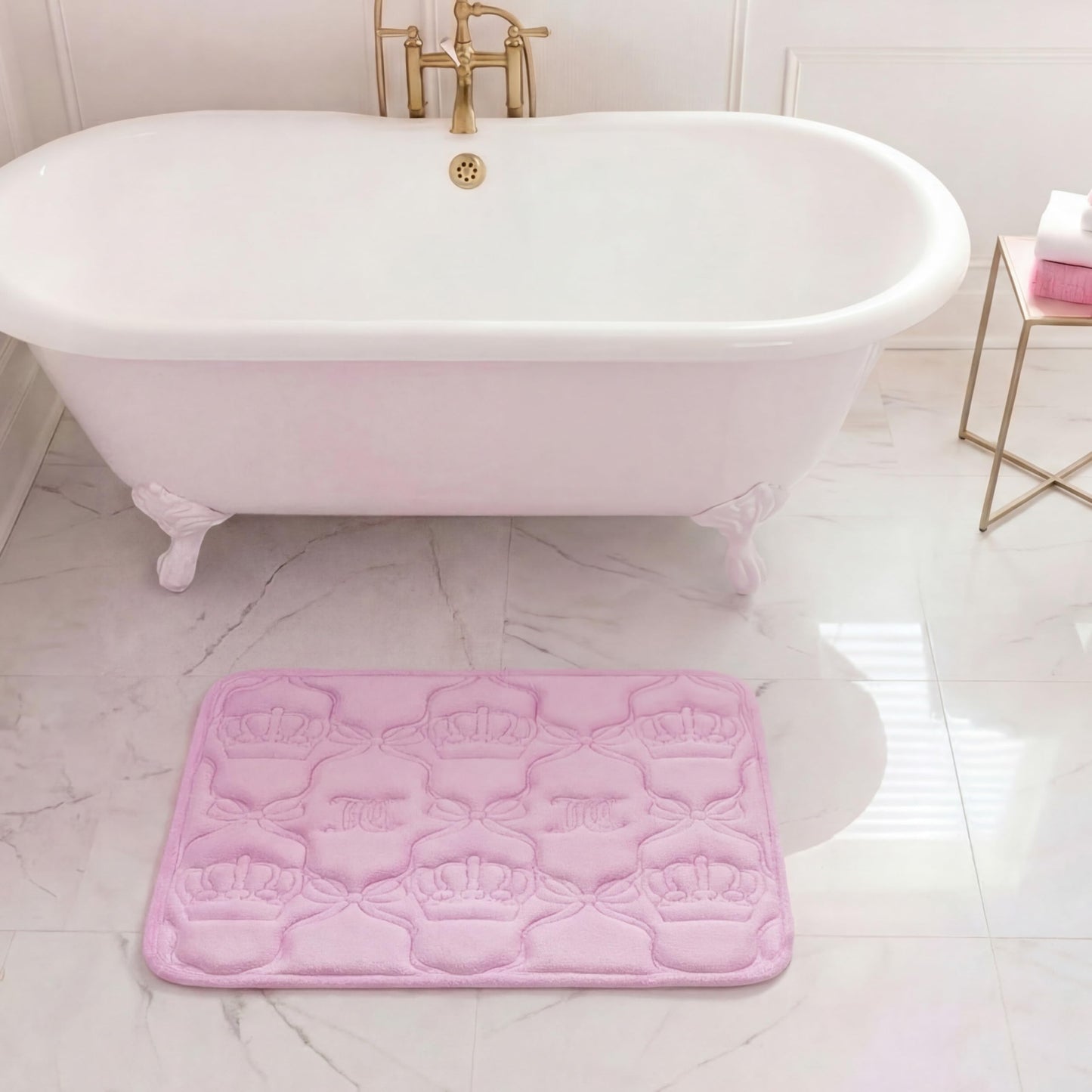 Juicy Couture Quilted Memory Foam Bath Mat, 17" x 24" Bow Lattice Pink Skid-Resistant Bath Rug
