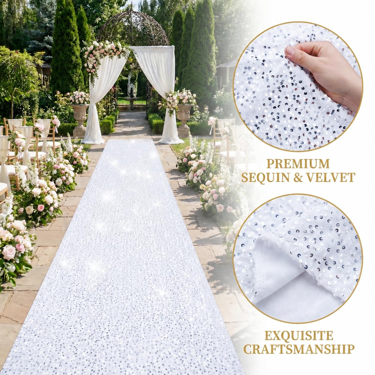 PartyDelight White Sequin Velvet Carpet Runner for Party 4FTx15FT Carpet Sparkly Rug for Indoor Outdoor Weddings Engagement Decoration