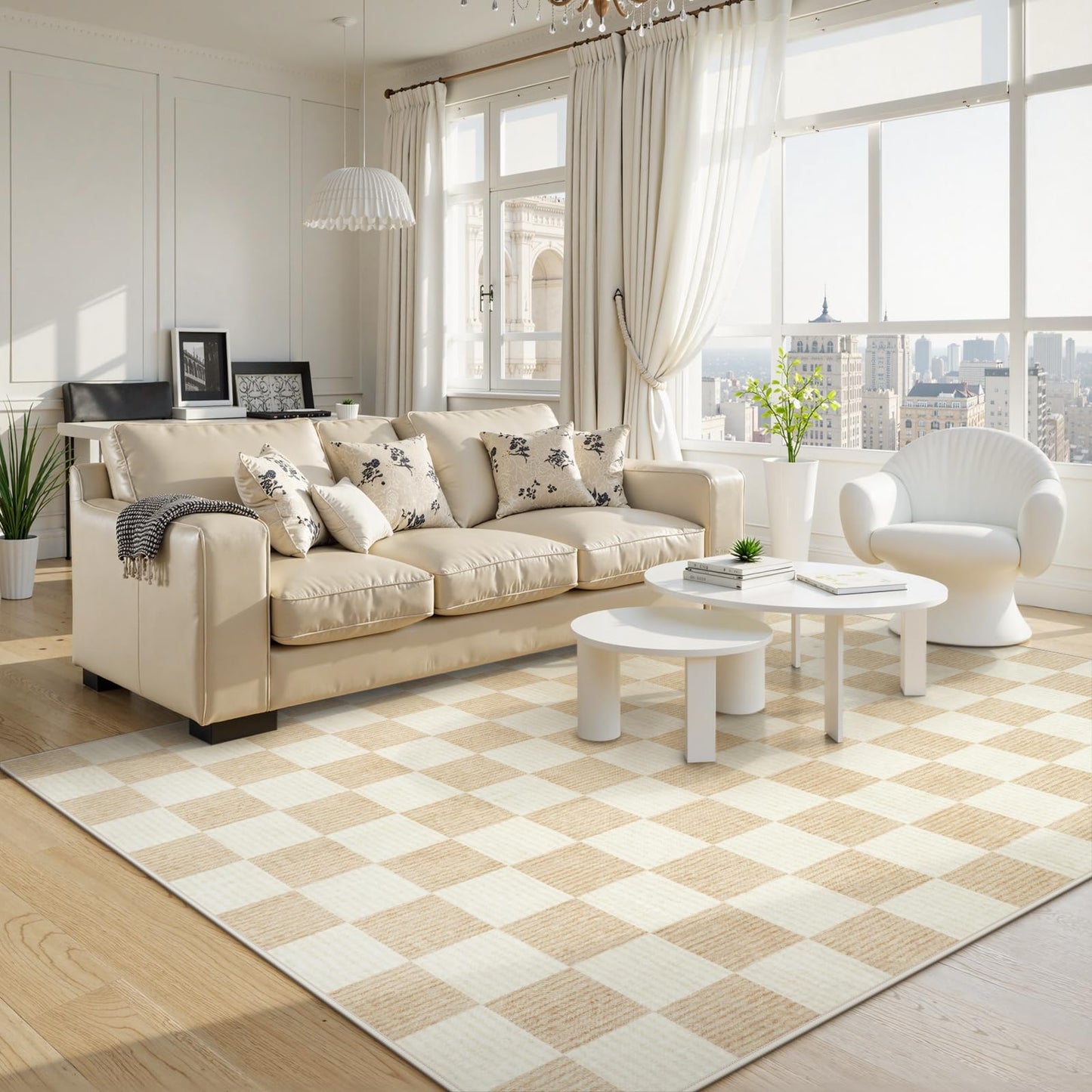 Machine Washable 5x7 Area Rugs for Living Room Checkered, Non Slip Soft Low Pile Farmhouse Geometric Modern Neutral Playroom Boys Rugs for Bedroom, Large Carpet Rugs for Dining Room(Ivory,5'x7')