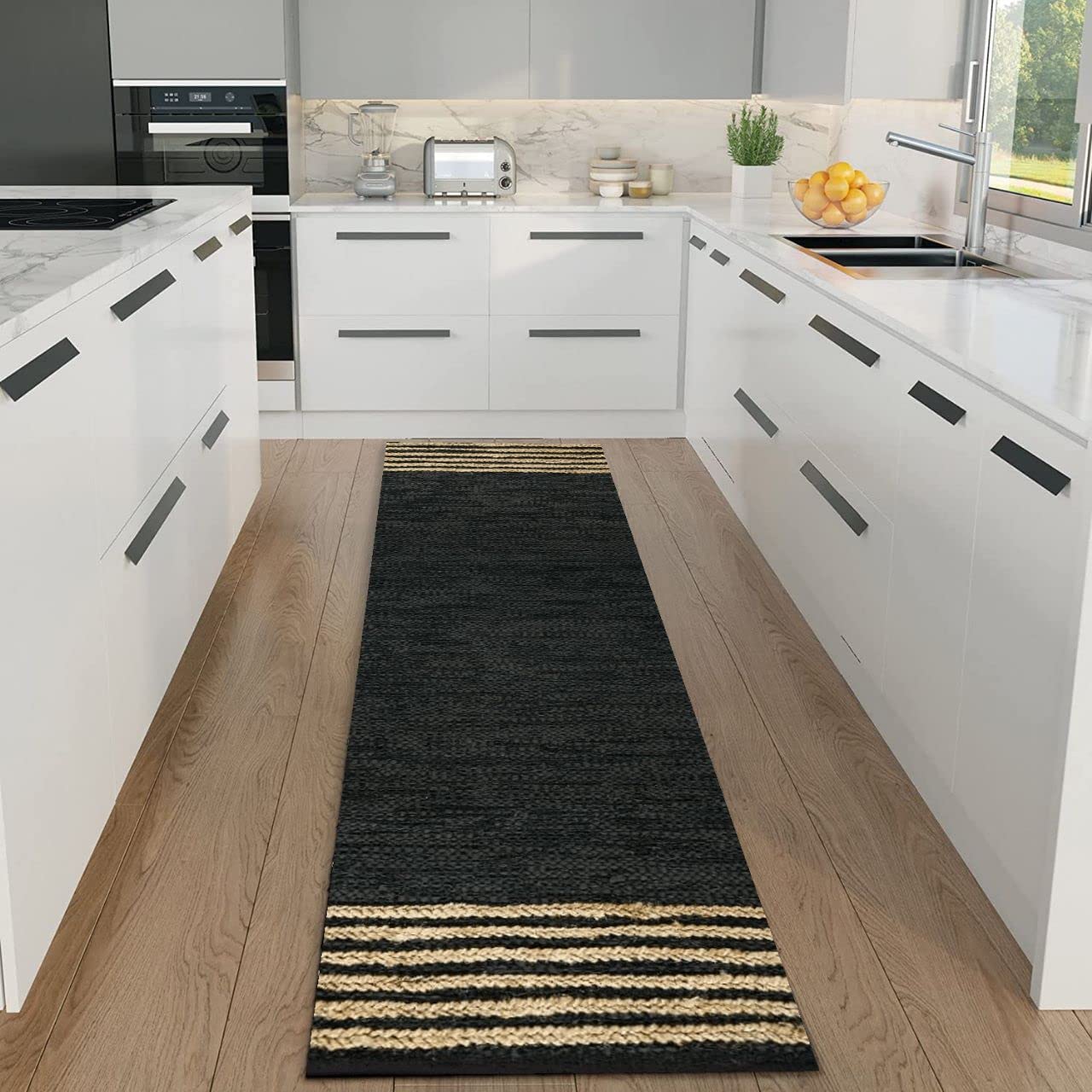 GRUHUM Jute Runner Rug 2'6"x 8' ft Natural Fiber Leather Black Jute Area Rug Handwoven Boho Farmhouse Braided Rustic Vintage Ecofriendly Indoor Rugs for Kitchen Living Room Bedroom Hallways Entryways