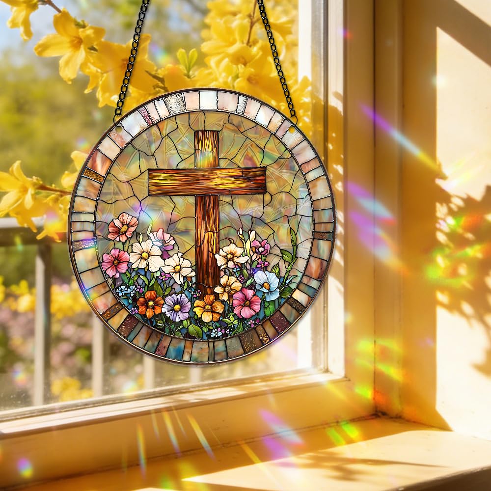 zhuoyaju Acrylic Suncatcher Window Hanging, Cross Sun Catcher Rainbow Indoor Window Decoration for Living Room Bedroom, Summer Home Balcony Ornaments Deco, 7.87 x 7.87 inches