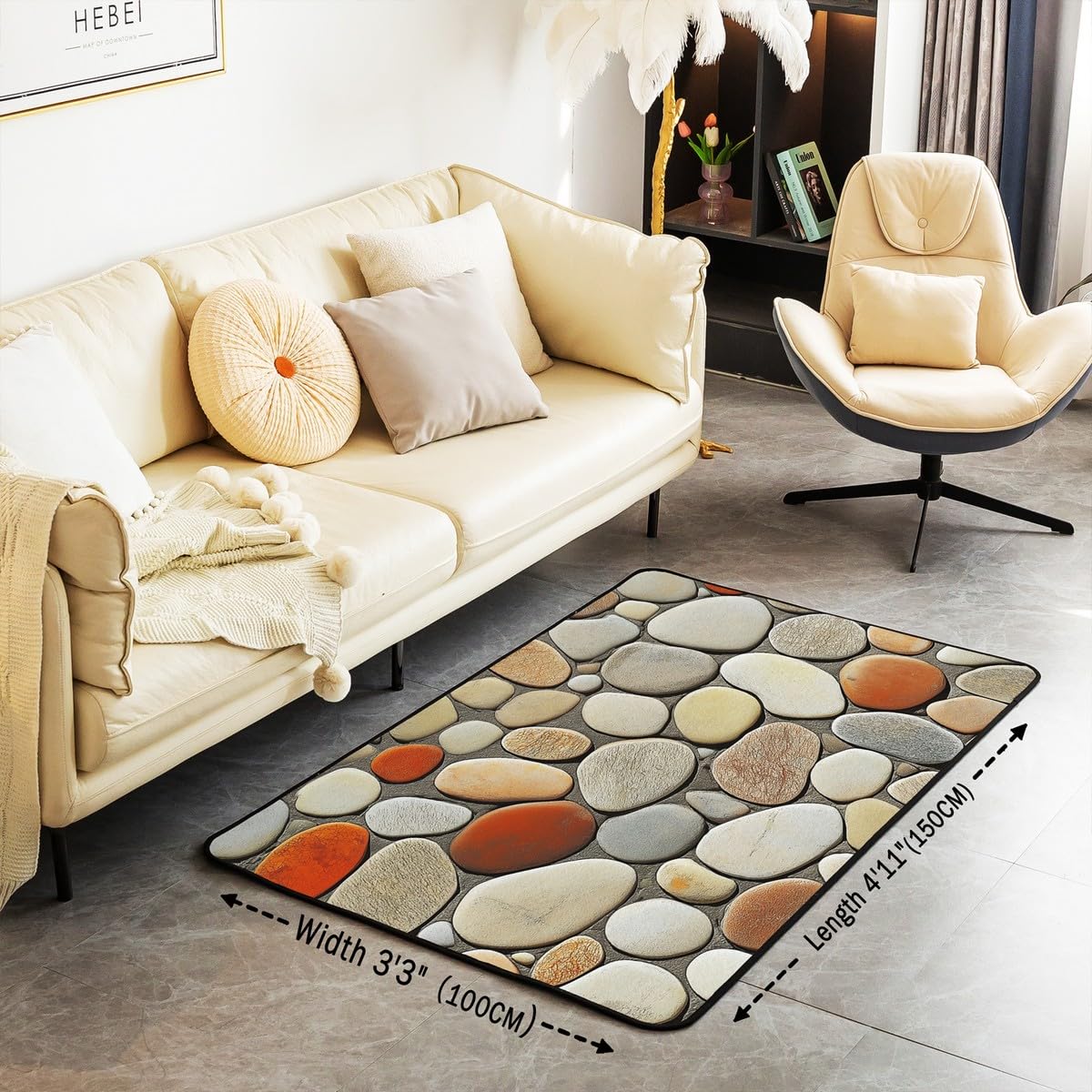 Pebble 3x5 Area Rug - 3D Stone Gravel Rugs for Living Room Garden Cobble Print Washable Rug, Cobblestone Hawaii Beach Carpet Indoor Floor Mat,Light Brown
