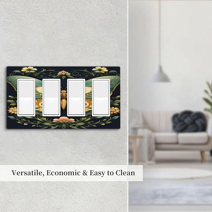 Butterfly Ornate with Flower Light Switch Cover 4 Gang Rocker Decora Outlet Covers Wall Plate Decorative Switchplate Electrical Faceplate GFCI for Farmhouse Living Bedroom Decor