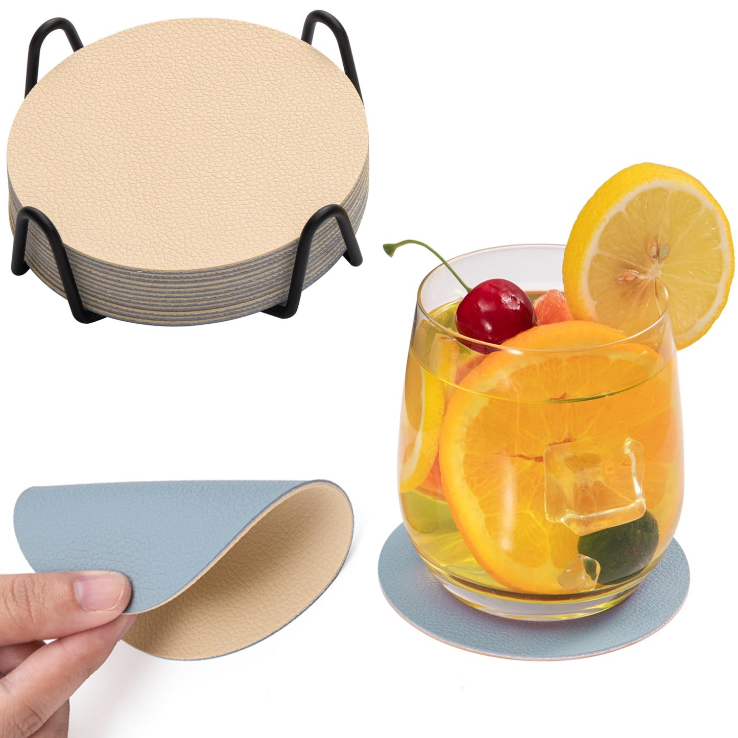 Chitomars Faux Leather Coasters Set of 12, Dual Sided for Coffee Tabletop Protection, Non-Slip Washable Cup Coasters (Beige Yellow Light Blue)